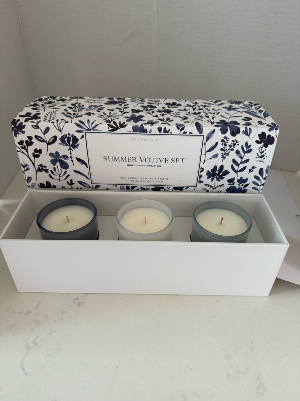 Boll & Branch Summer Votive Candle Set by Boll & Branch - 3 Blue, White, Gray
